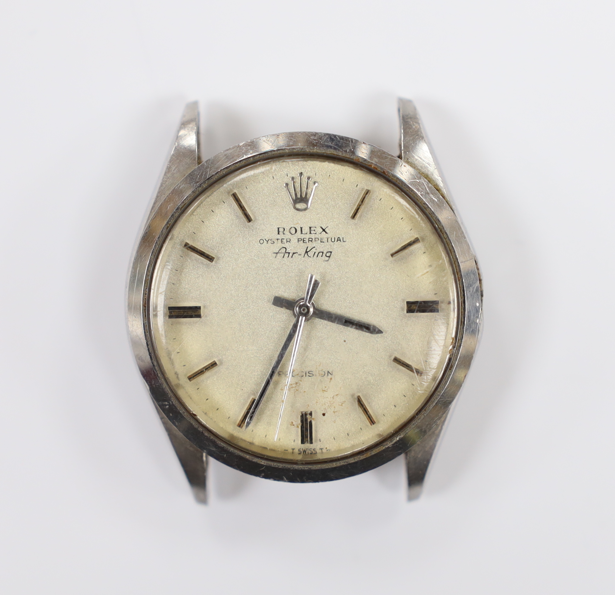 A gentleman's 1970's stainless steel Rolex Oyster Perpetual Air King Precision wrist watch, no strap and winding crown detached, model no. 5500, serial no. 2257960.